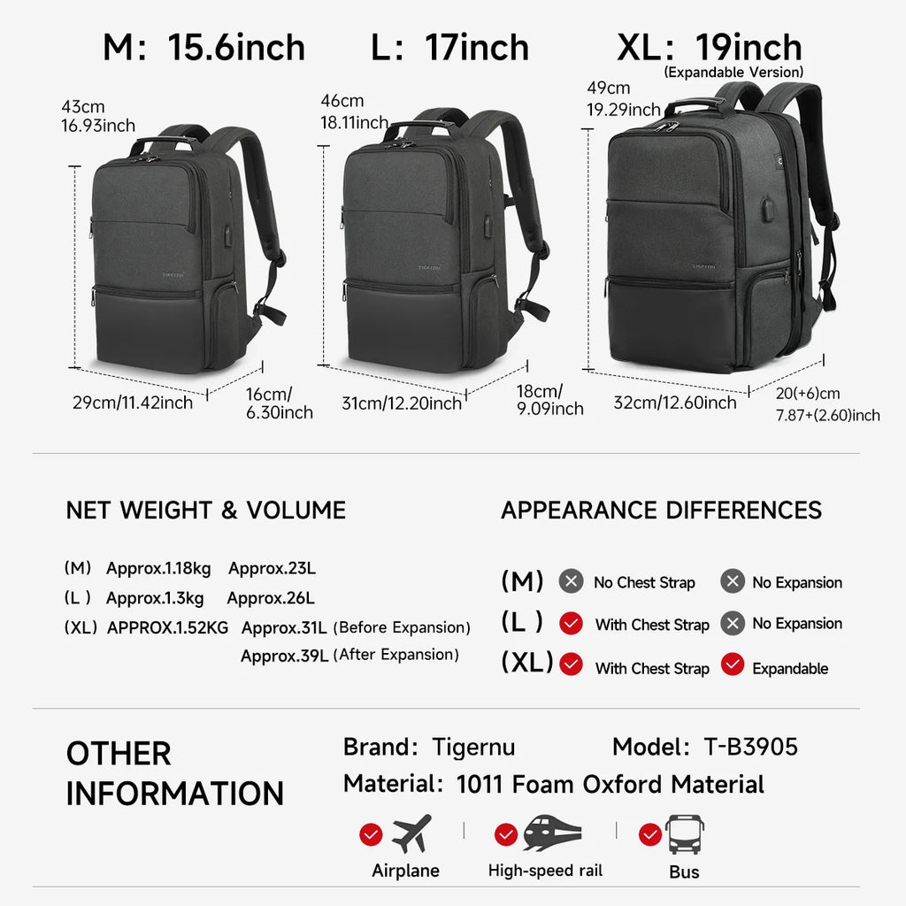 Sac à Dos Tigernu Haute Sécurité – PC 15.6 à 19 Pouces