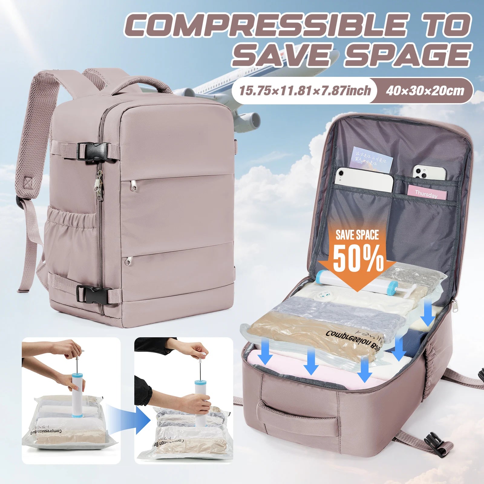 Sac à Dos Ryanair 40x30x20 avec Compression Sous Vide