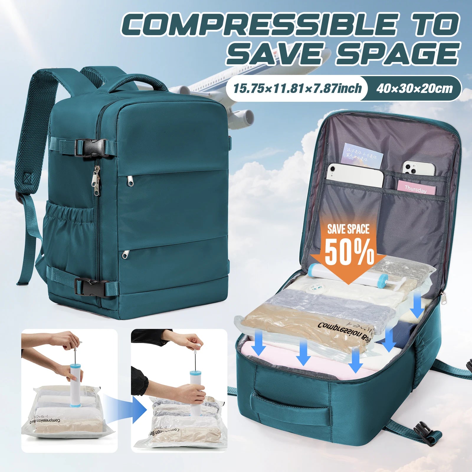 Sac à Dos Ryanair 40x30x20 avec Compression Sous Vide