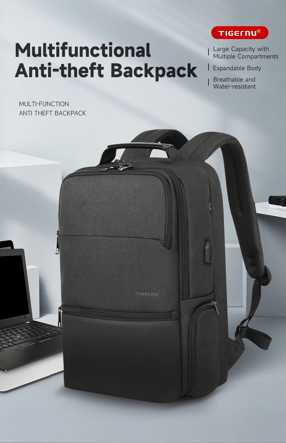 Sac à Dos Tigernu Haute Sécurité – PC 15.6 à 19 Pouces